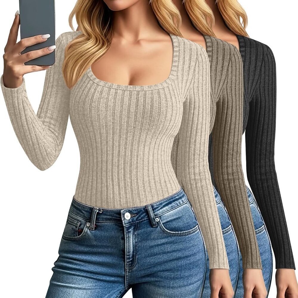 3 Pack Women's Long Sleeve Tops Ribbed Knit Scoop Neck Slim Fit Casual - Picture 1 of 5